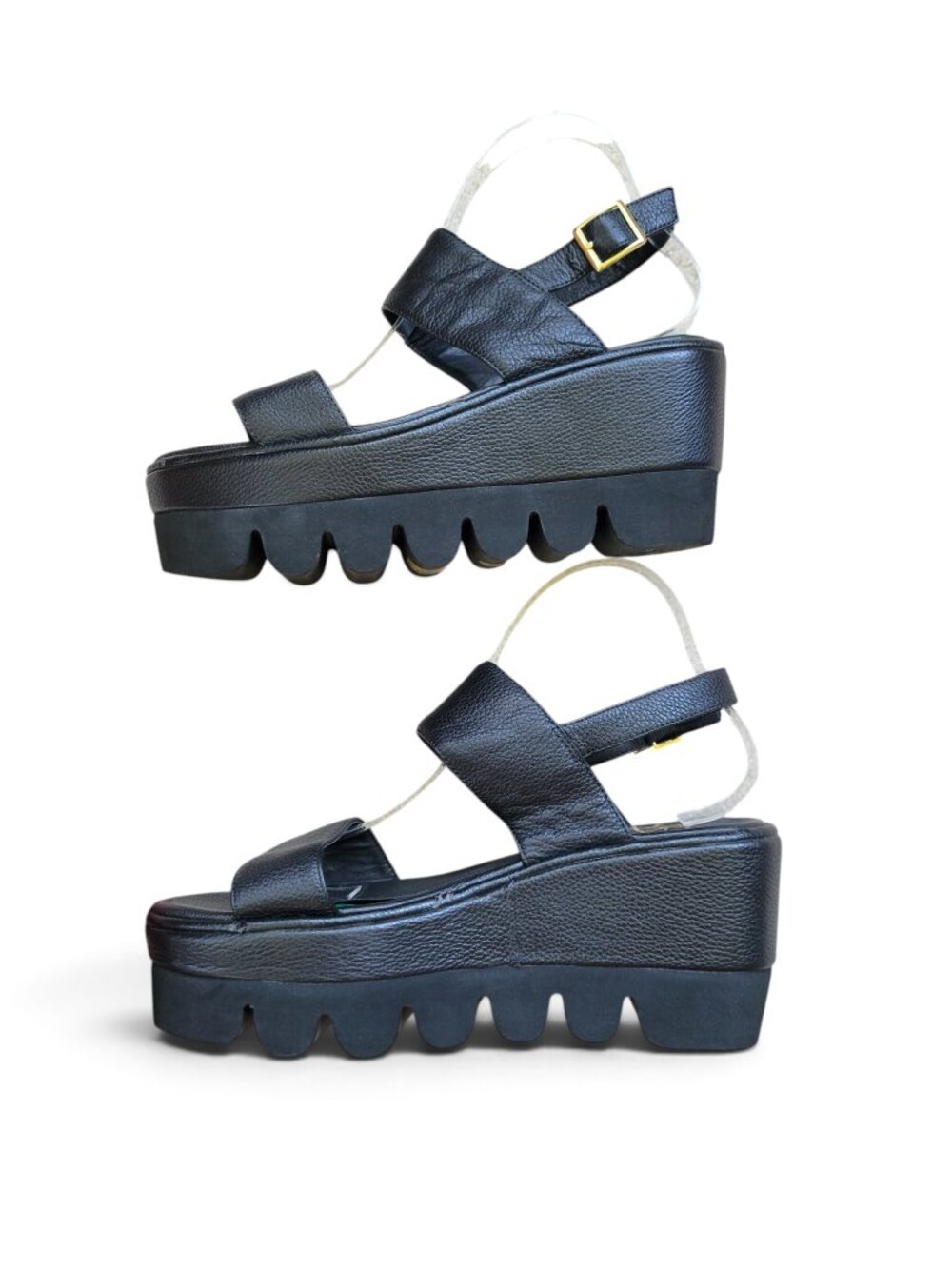 YES Werque Black Leather Platform Wedge Sandals with Adjustable Slingback Strap